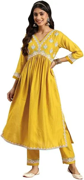 Amayra Women's Embroidered Alia Cut Regular Kurta with Pant